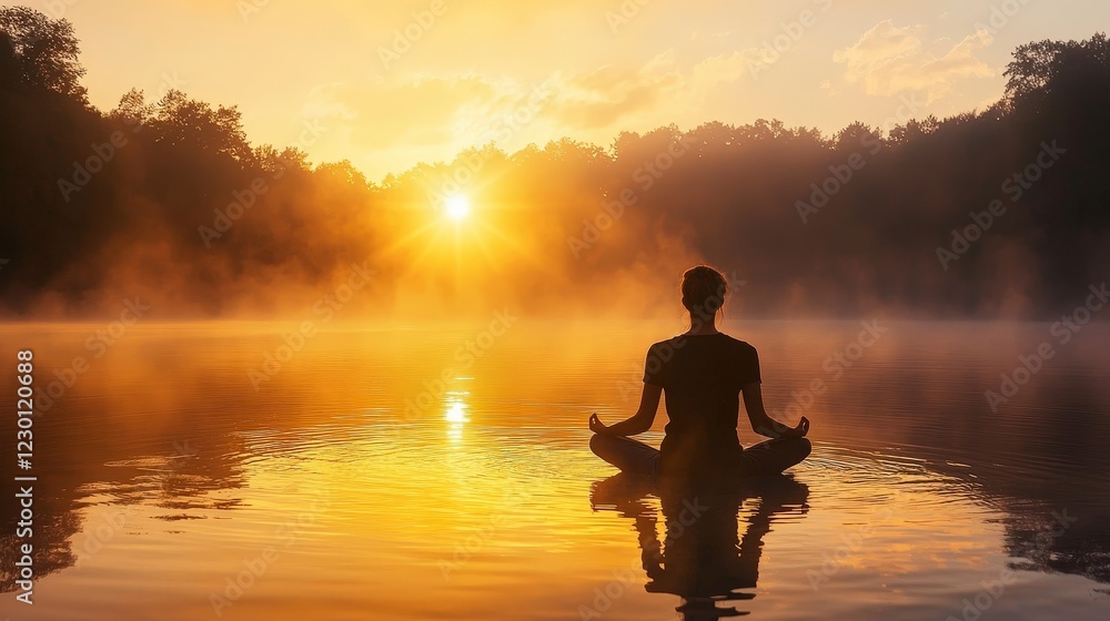 Serene Meditation at Sunrise by Calm Lake with Mist and Reflection Serene Meditation at Sunrise by Calm Lake with Mist and Reflection