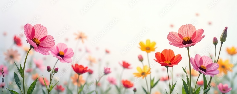 Naklejka premium Sparsa colorful flowers on white background, soft focus, gentle colors, subtle, blossom