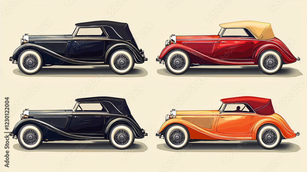 Antique cars illustrated in retro style, using bold yet balanced color palettes, creating a calm and serene atmosphere. Antique cars illustrated in retro style, using bold yet balanced color palettes, creating a calm and serene atmosphere.