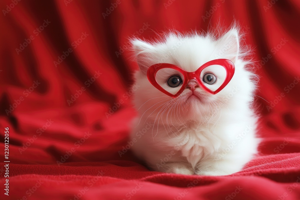 Fototapeta premium Fluffy white Persian kitten wearing red heart-shaped glasses, sitting on a soft red fabric backdrop. Perfect for Valentine's Day promotions, pet accessories ads, and heartfelt designs
