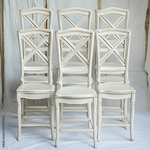 Eight white chairs, studio shot, furniture photo