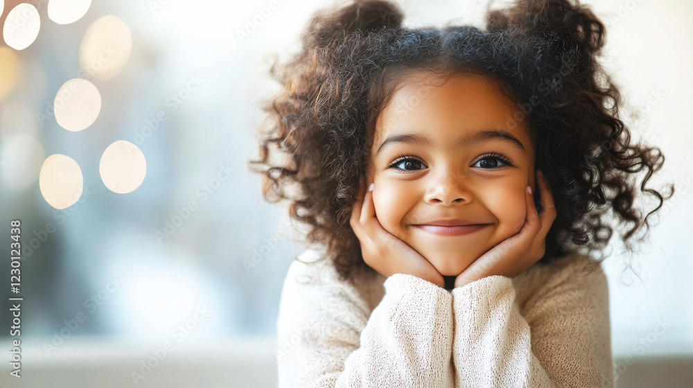Adorable curly-haired girl with a joyful smile, perfect for child-focused branding, family lifestyle content, and happiness-themed marketing Adorable curly-haired girl with a joyful smile, perfect for child-focused branding, family lifestyle content, and happiness-themed marketing