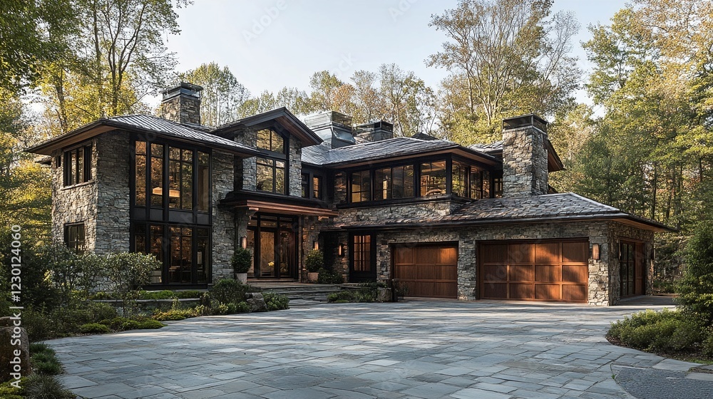 A large stone house with a garage and driveway. A large stone house with a garage and driveway.