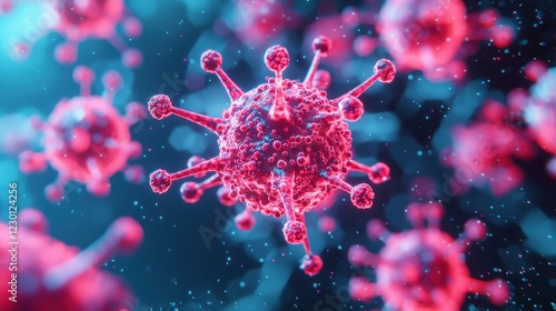 Highly detailed 3D rendering of virus particles floating in a microscopic environment, representing infectious diseases and medical research