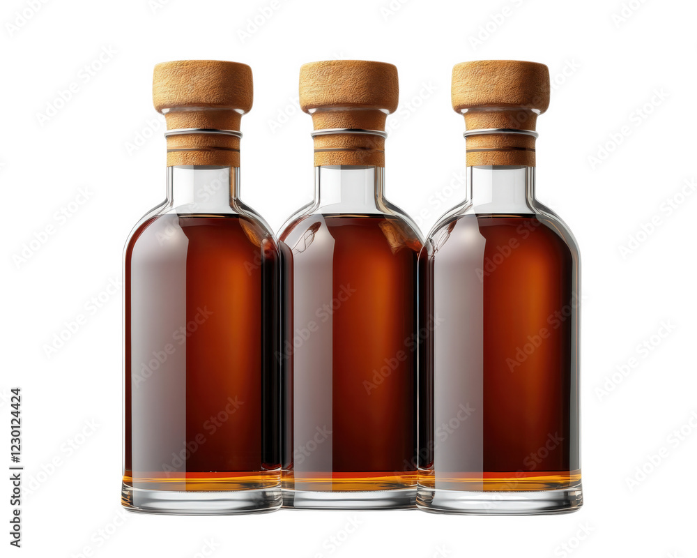Three glass bottles of whiskey with wooden caps, isolated on transparency background, showcasing rich amber color and elegant design. Perfect for beverage displays or product promotions Three glass bottles of whiskey with wooden caps, isolated on transparency background, showcasing rich amber color and elegant design. Perfect for beverage displays or product promotions