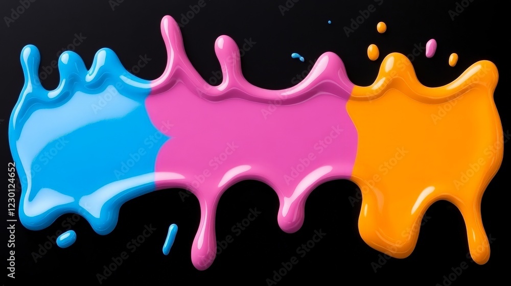 Vibrant Color Splashes: Abstract image of three bold color paint splashes – blue, pink, and orange – merging and flowing dynamically against a stark black background. Vibrant Color Splashes: Abstract image of three bold color paint splashes – blue, pink, and orange – merging and flowing dynamically against a stark black background.