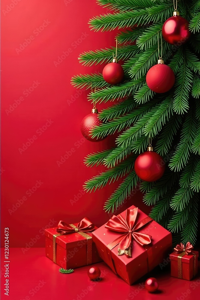 A large pine branch with ornaments and gift boxes on a red background, Festive Decor, Decorative Items A large pine branch with ornaments and gift boxes on a red background, Festive Decor, Decorative Items