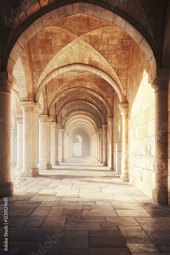 Long  stone walkway with arched ceiling and stained glass windows.