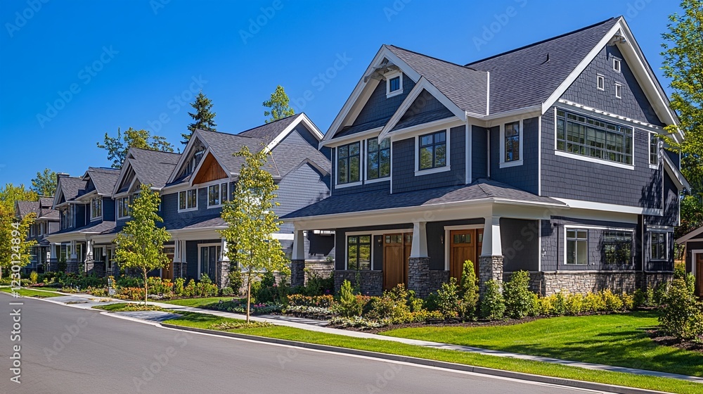 Modern suburban houses with gray siding and white trim. Modern suburban houses with gray siding and white trim.