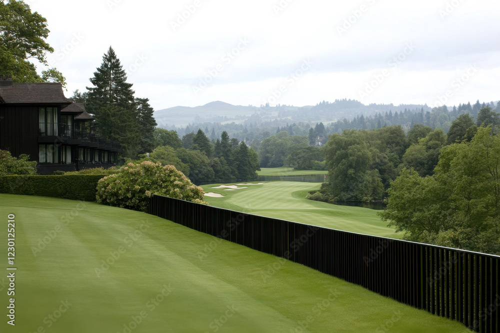 A golf course with a fence and a house in the background A golf course with a fence and a house in the background
