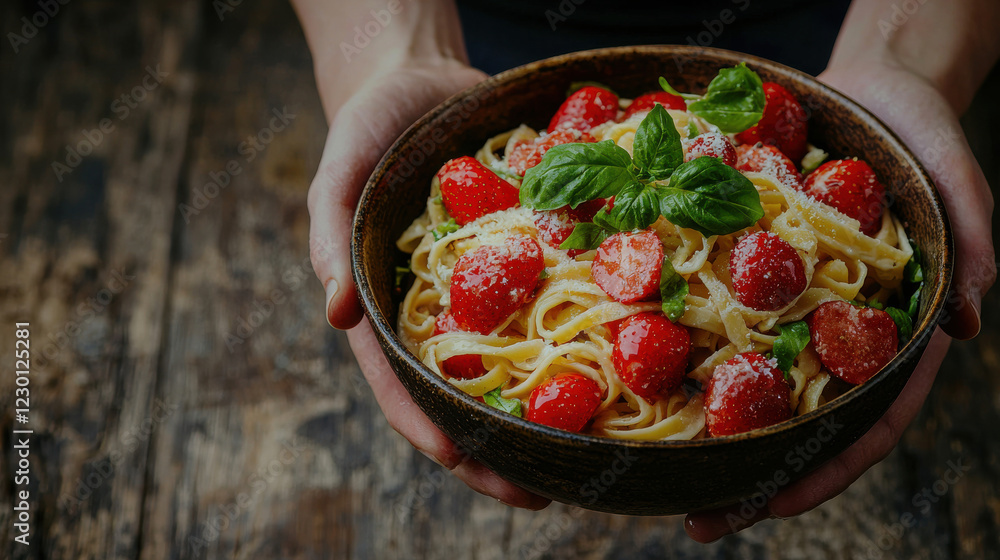 Delicious pasta dish with fresh tomatoes and basil, served in rustic bowl. Perfect for hearty meal or gathering with friends Delicious pasta dish with fresh tomatoes and basil, served in rustic bowl. Perfect for hearty meal or gathering with friends