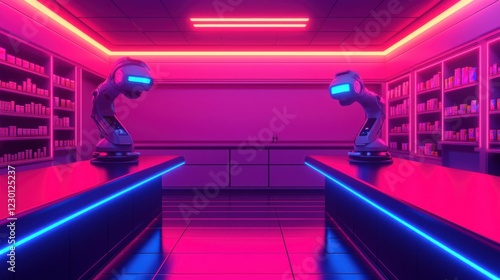 High-tech neon-lit pharmacy featuring robotic arms handling pharmaceutical products in a cyberpunk-inspired environment