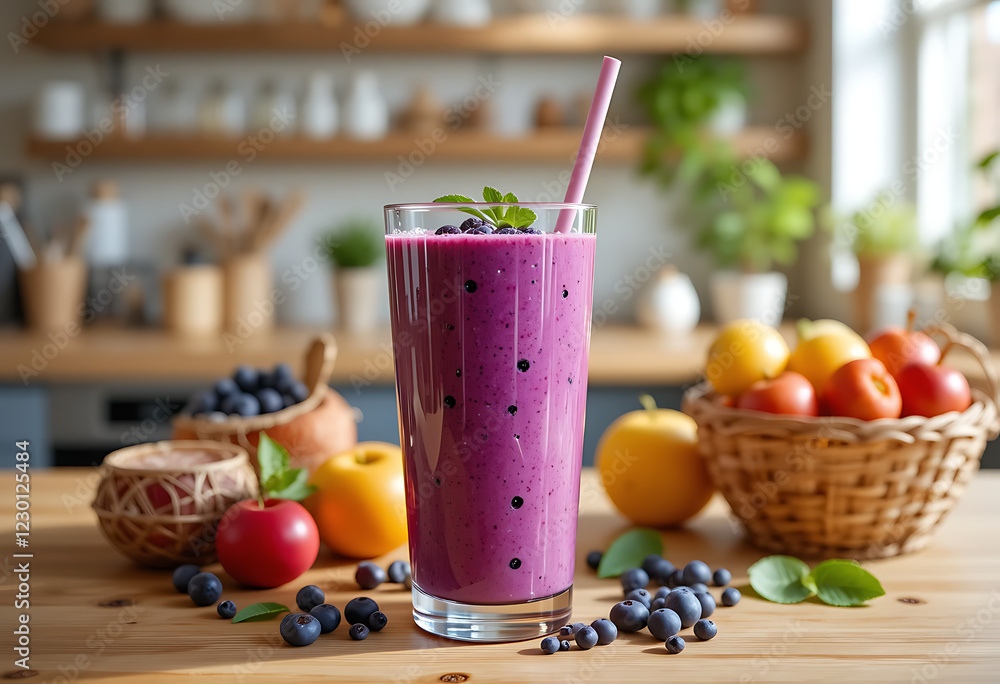 A Vibrant Purple Smoothie Made With Açai, Served in a Sunny Kitchen With Wooden Countertops and Beverage Photography, Fresh Fruit Baskets, Drinks Menu Style Photo Image. A Vibrant Purple Smoothie Made With Açai, Served in a Sunny Kitchen With Wooden Countertops and Beverage Photography, Fresh Fruit Baskets, Drinks Menu Style Photo Image.