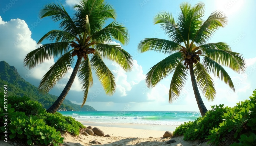 Fototapeta premium Coconut trees leaning against each other in strong winds, wooded area, gust, coconut palms