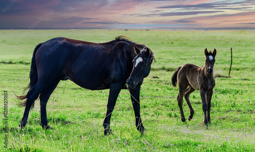 Horses grazing on green grass in a mountain valley, USA Horses grazing on green grass in a mountain valley, USA