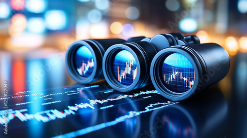 Binoculars on data charts reflecting market trends and analytics in a dynamic business environment setting.