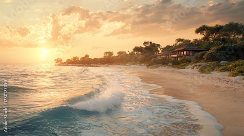 Tropical beachside bungalow with wooden deck ocean waves gently lapping against the shore ultimate summer paradise getaway Stock Photo with side copy space photo