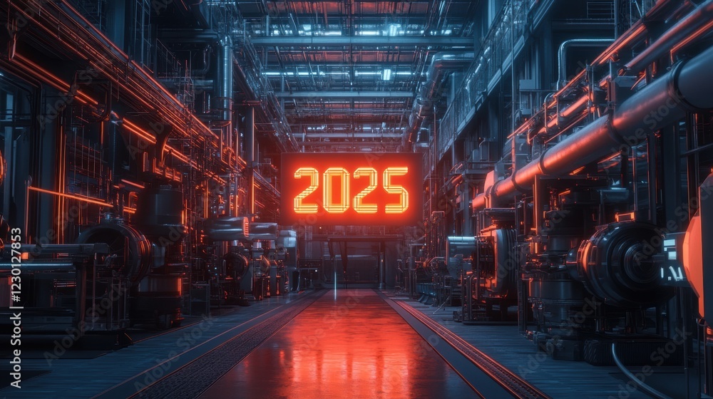 Obraz premium Futuristic 2025 Industrial Factory Neon Sign Machinery Technology