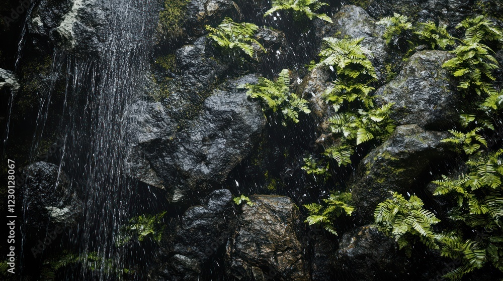 Waterfall cascading down mossy rocks, lush ferns; nature background, website Waterfall cascading down mossy rocks, lush ferns; nature background, website