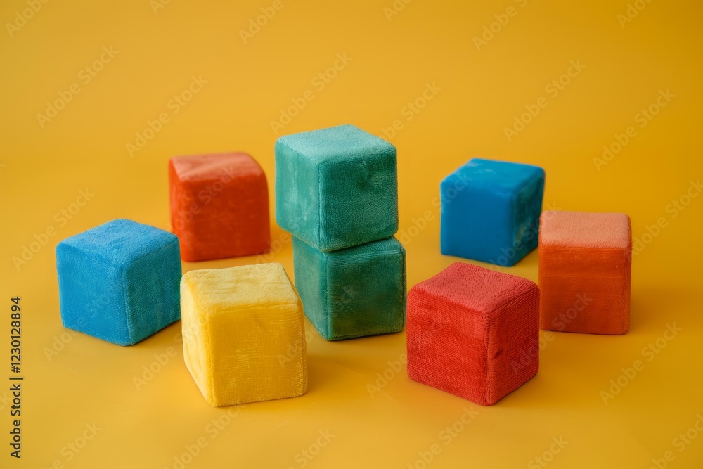 Colorful soft blocks standing and lying on a yellow background, creating a playful and vibrant atmosphere Colorful soft blocks standing and lying on a yellow background, creating a playful and vibrant atmosphere