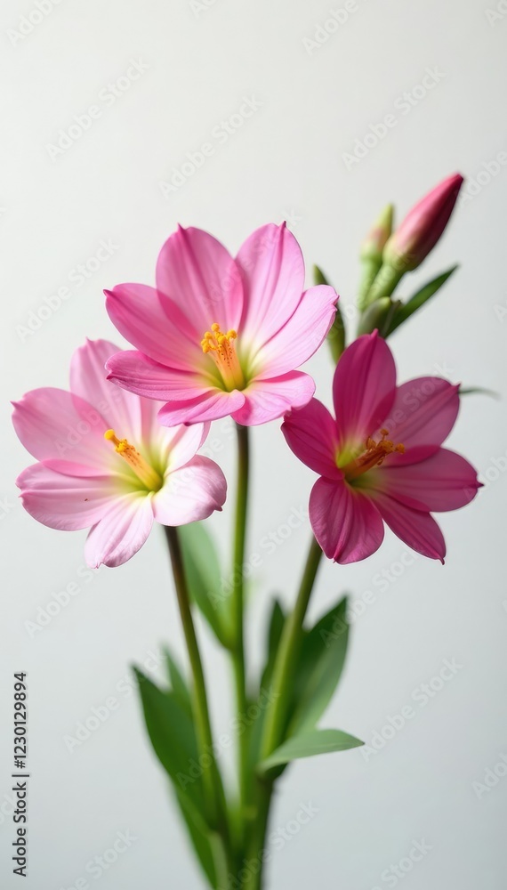 Freesia flowers in a loose bouquet on a soft white background with subtle grey undertones, whites,