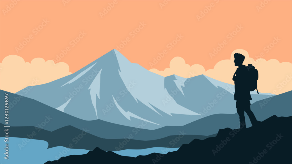 illustration of backpacker silhouette with mountain peak landscape. Vector illustration of adventurer trekking along the mountain ridge. Scenery of mountain alps with traveler hiking in the summit illustration of backpacker silhouette with mountain peak landscape. Vector illustration of adventurer trekking along the mountain ridge. Scenery of mountain alps with traveler hiking in the summit