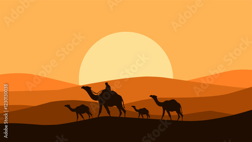 Illustration of camel convoy trekking through a sandy desert. Vector illustration of safari in arabian desert landscape with camels. Silhouette of panorama dune desert with group of camel and a herder