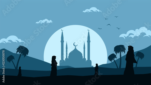 Illustration of Ramadan scenery with mosque and muslim. Vector illustration of ramadan landscape for islamic culture. Mosque silhouette at night with hijab muslim walking in the sand desert