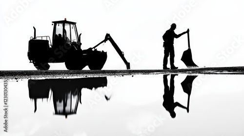 Silhouette of a worker using a shovel beside a tractor, reflecting on a waterlogged surface photo