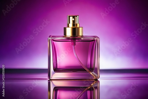 Elegant Pink Square Perfume Bottle with Golden Sprayer and Purple Liquid - Luxury Fragrance Product Shot
