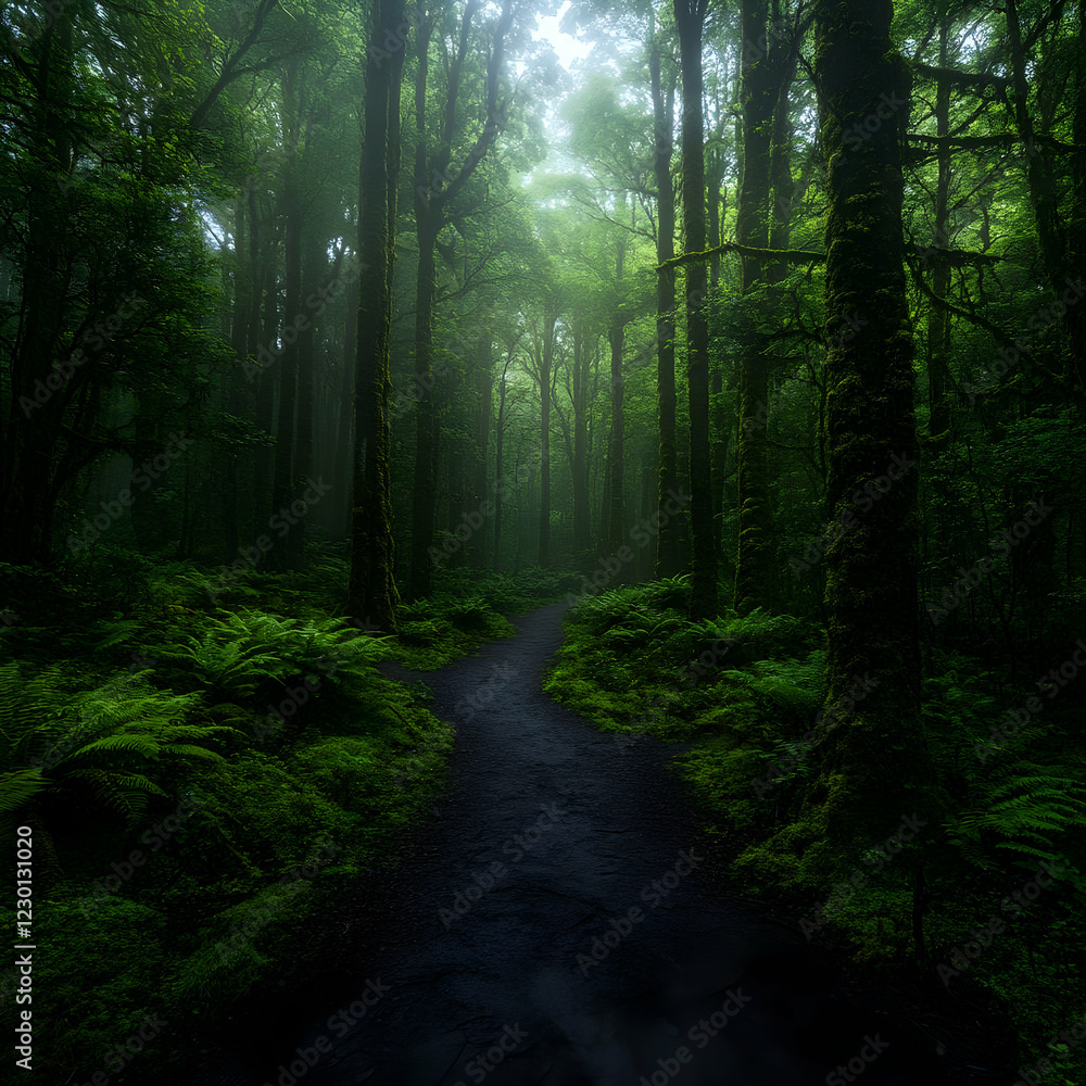 Obraz premium Misty forest path, ferns, travel, nature