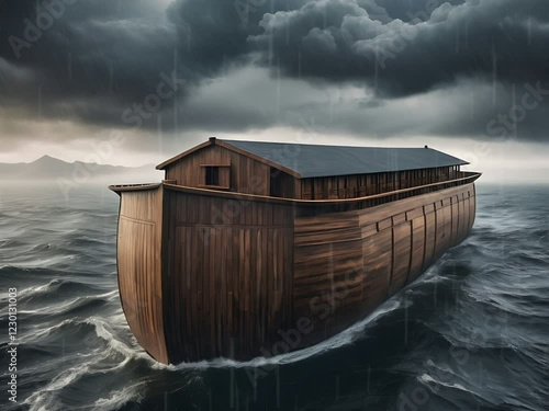 Illustration of  Noahs Ark and Storm on The Sea