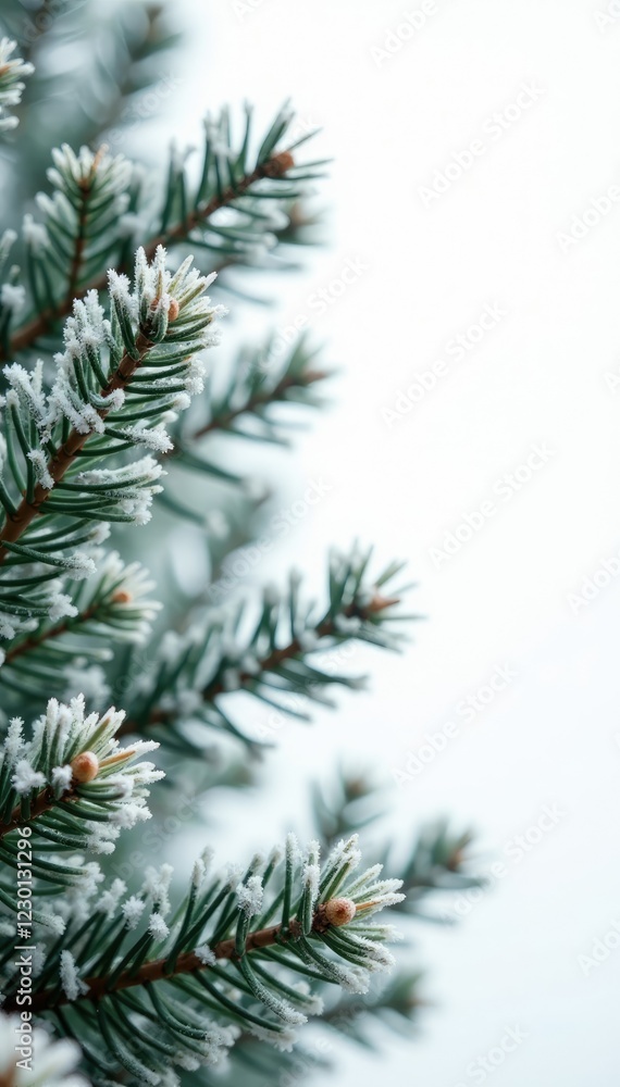 Frosty evergreen branches against white background, white background, festive, snow Frosty evergreen branches against white background, white background, festive, snow