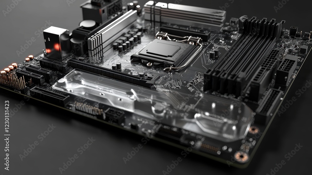 Innovative transparent motherboard showcase in high-tech lab environment Innovative transparent motherboard showcase in high-tech lab environment