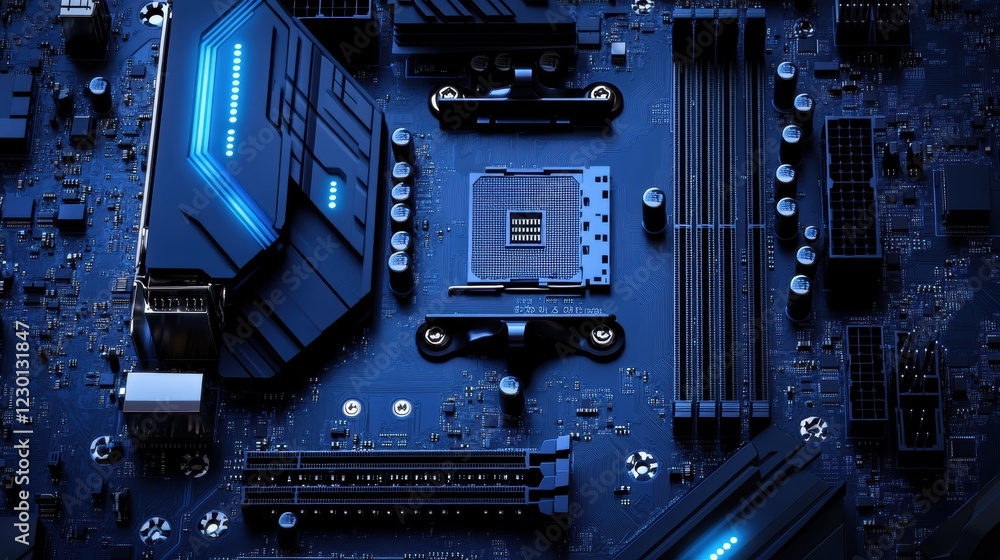 Fototapeta premium Showcasing high-definition circuit board in dark technology lab environment