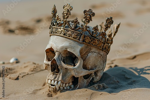 A detailed human skull adorned with an ornate crown, partially buried in soft sand, creating a striking and eerie visual. Crowned Skull, Triumph and Decay, Eternal King photo