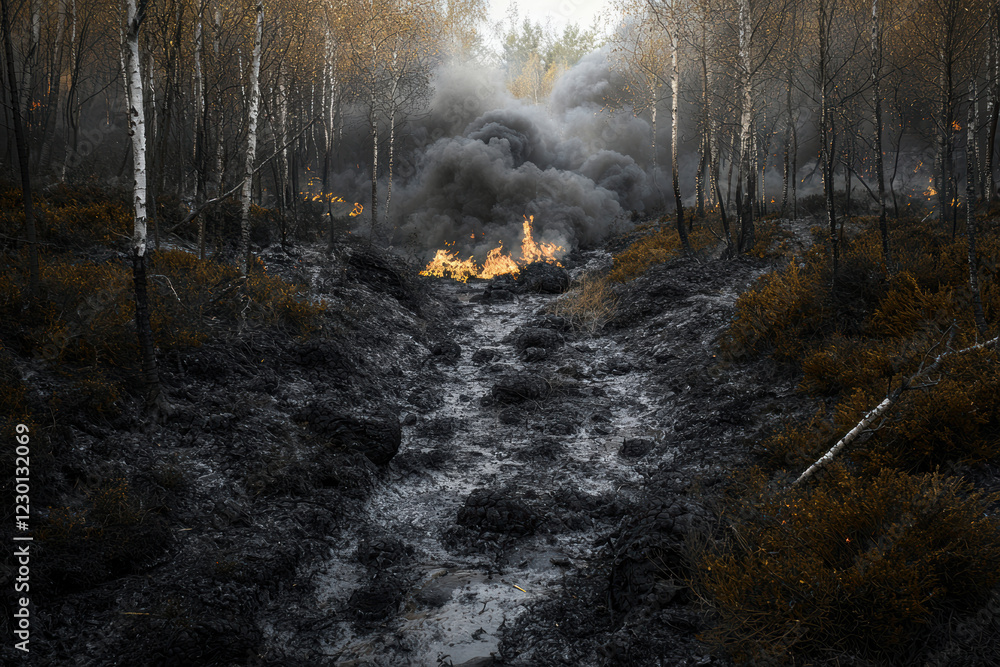 Fototapeta premium forest path engulfed in smoke and flames, showcasing aftermath of fire. scene evokes sense of destruction and loss