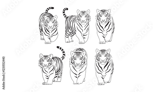 Black and white tiger illustrations in various poses for wildlife and nature-themed designs