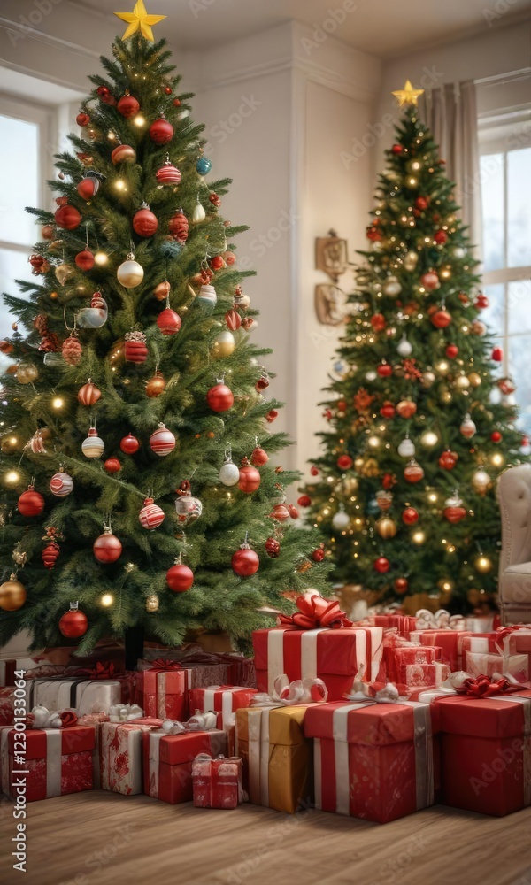 Presents under a large Christmas tree with decorated gift boxes, greenery, festive, wrapped boxes Presents under a large Christmas tree with decorated gift boxes, greenery, festive, wrapped boxes