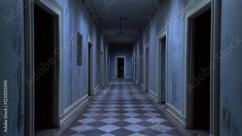 Endless Dimly Lit Hallway with an Open Door at the End