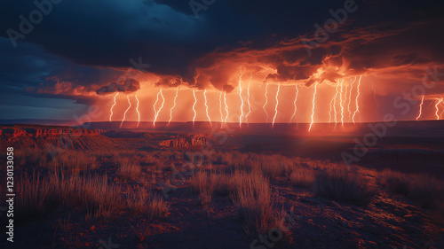 Dramatic lightning storm over Grand Canyon, illuminating landscape with vibrant colors. intense atmosphere evokes sense of awe and power in nature