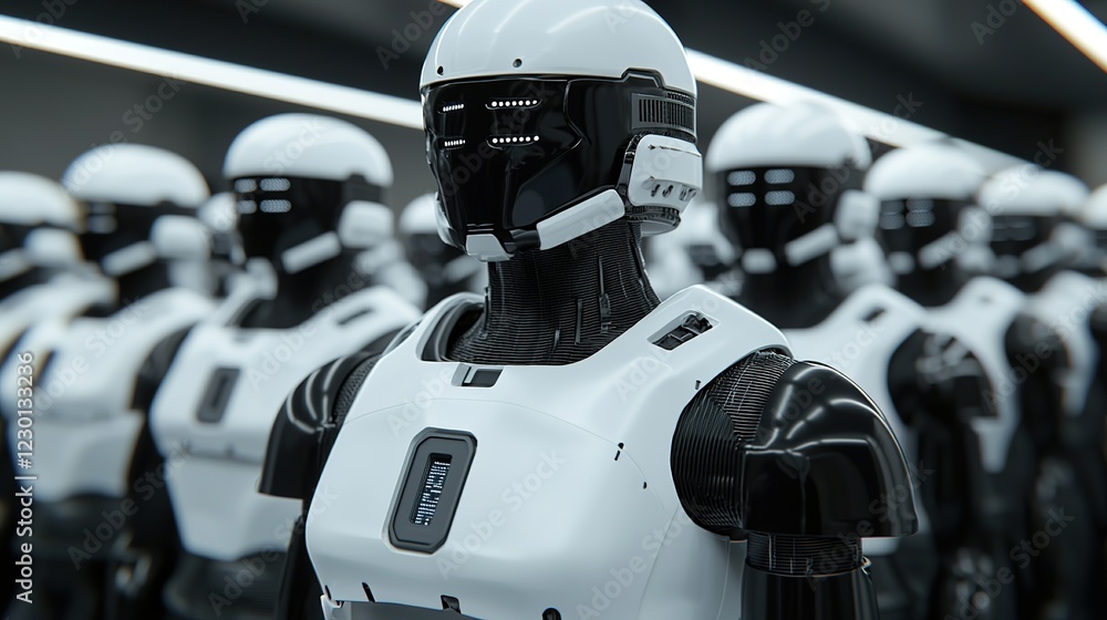 Fototapeta premium Robotic soldiers formation futuristic factory digital art high-tech environment close-up perspective innovation concept