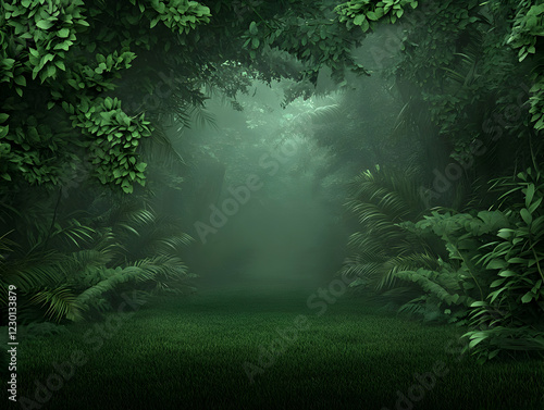 Fototapeta Naklejka Na Ścianę i Meble -  Misty jungle path, lush foliage, green grass, mysterious background, game backdrop