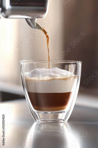 Close-up of Freshly Brewed Coffee with Latte Art from Espresso Machine