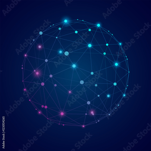 Abstract vector sphere and wireframe polygonal lines connect dot isolated on blue background. Connection structure and geometric technology concept. Vector illustration.