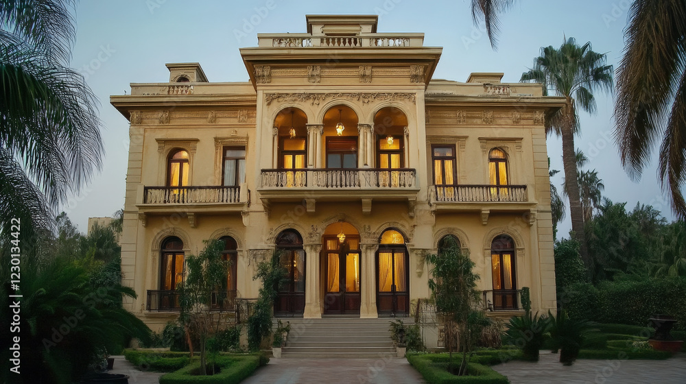 Obraz premium Opulent Mansion with Glowing Windows and Grand Architecture