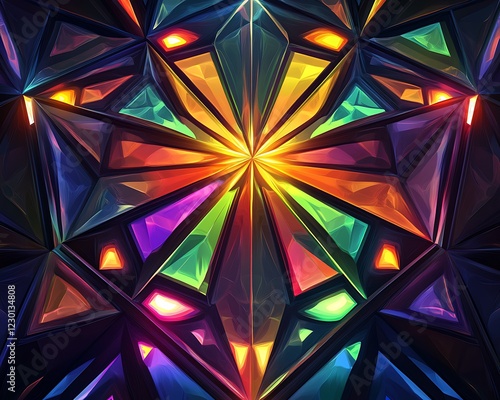 A 3D vector design of abstract geometric patterns with illuminated edges radiating bright colors and vivid contrast