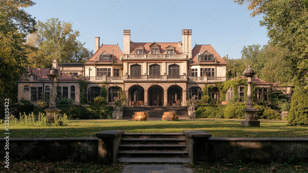 Obraz premium Opulent Mansion with Glowing Windows and Grand Architecture