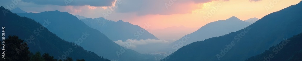 Serene Himalayan valley at dawn with misty mountains and a cloudy sky, cloudy sky, landscape Serene Himalayan valley at dawn with misty mountains and a cloudy sky, cloudy sky, landscape