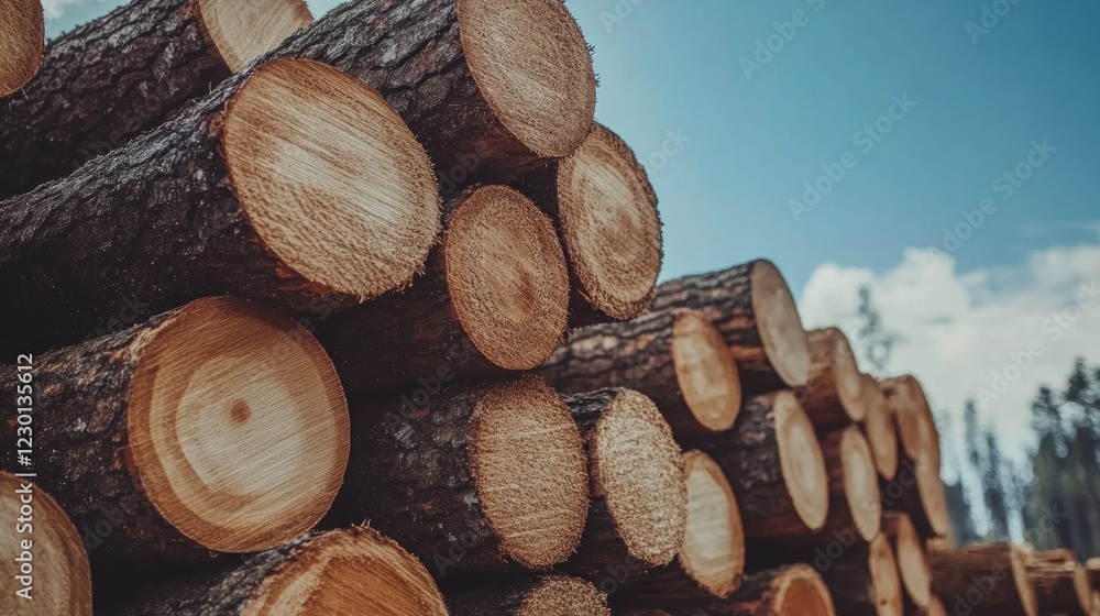 Stacked Logs Against a Blue Sky Stacked Logs Against a Blue Sky